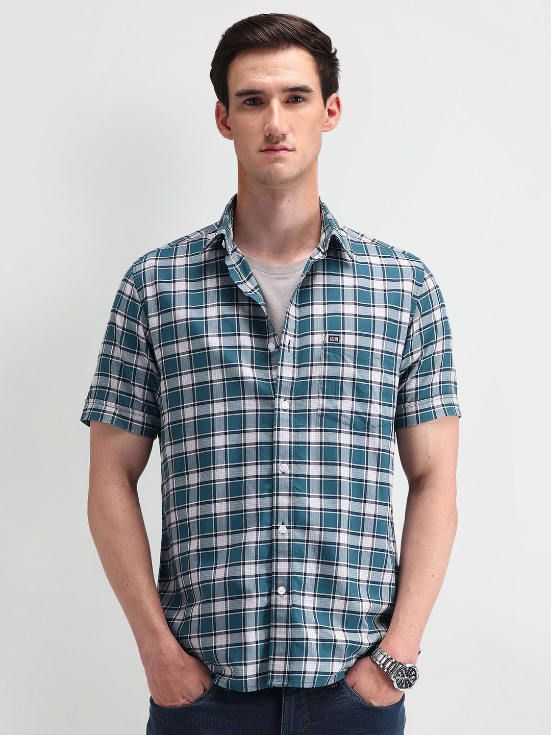 

Arrow Sport Men Classic Spread Collar Windowpane Checked Cotton Casual Shirt, Teal