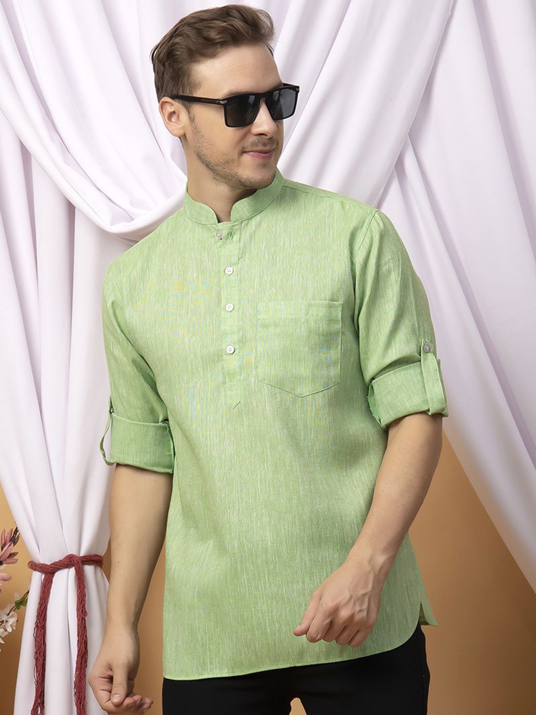 

Hangup Mandarin Collar Linen Straight Kurta, Green