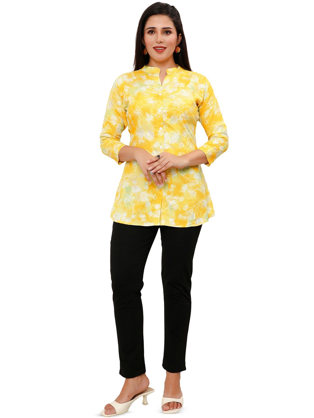 

FESYEN Women Mandarin Collar Printed Cotton Tunic, Yellow