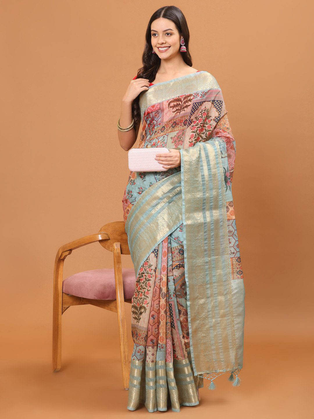 

Meena Bazaar Floral Zari Art Silk Saree, Blue