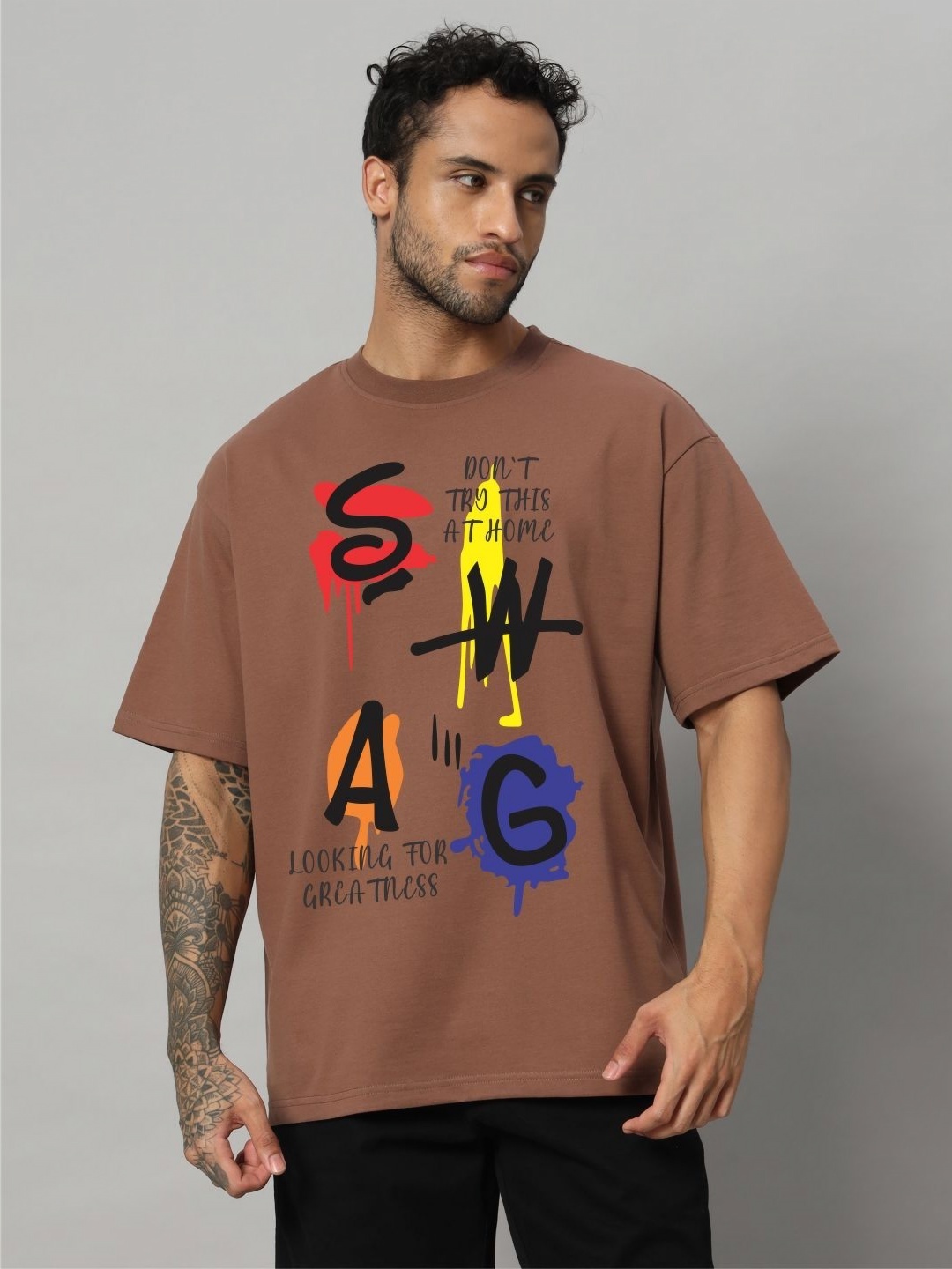 

SWAGNOX Men Typography Printed Round Neck Cotton Oversized T-shirt, Brown