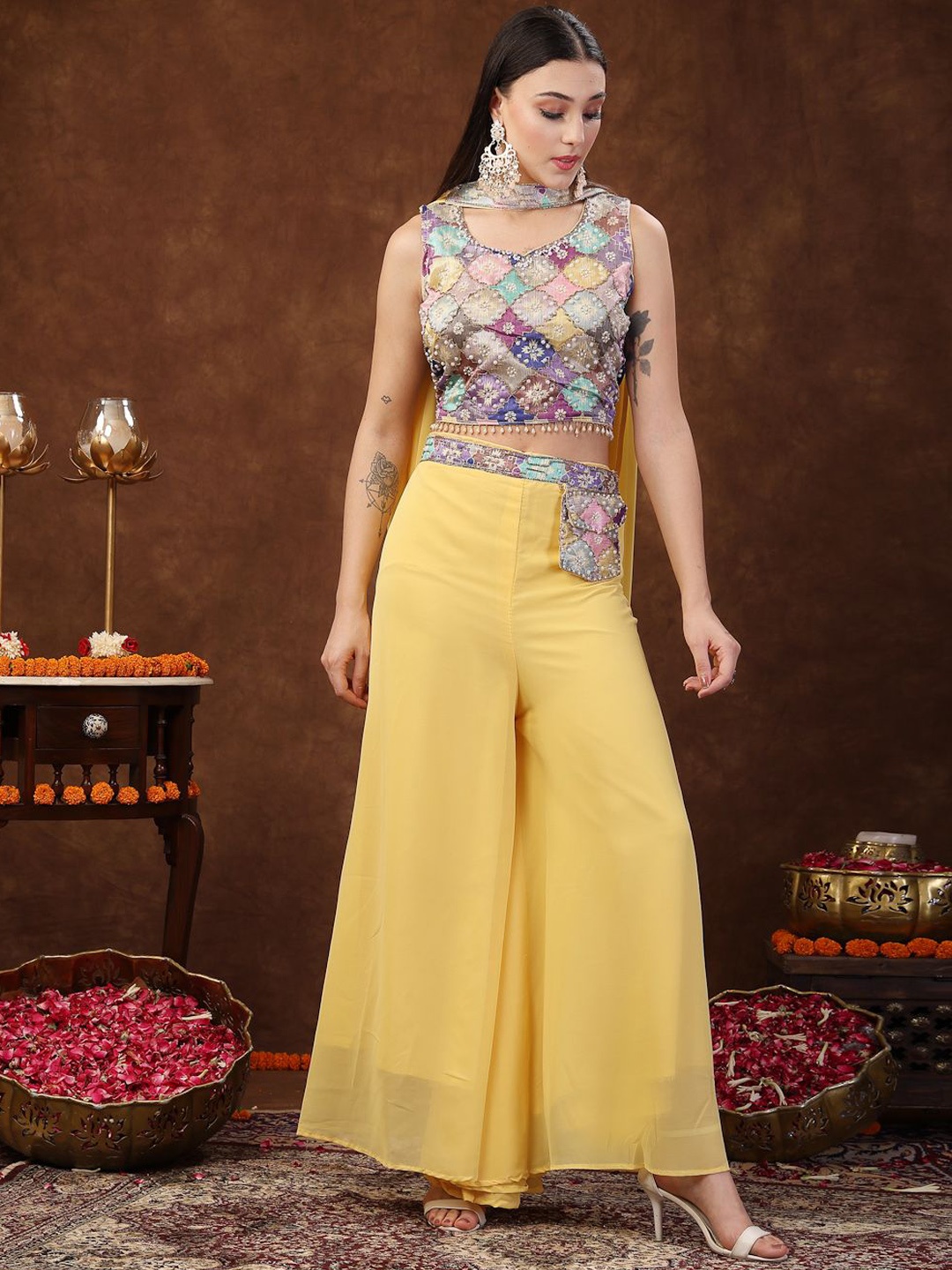 

Stylum Yellow Embellished Top& Palazzo with Dupatta