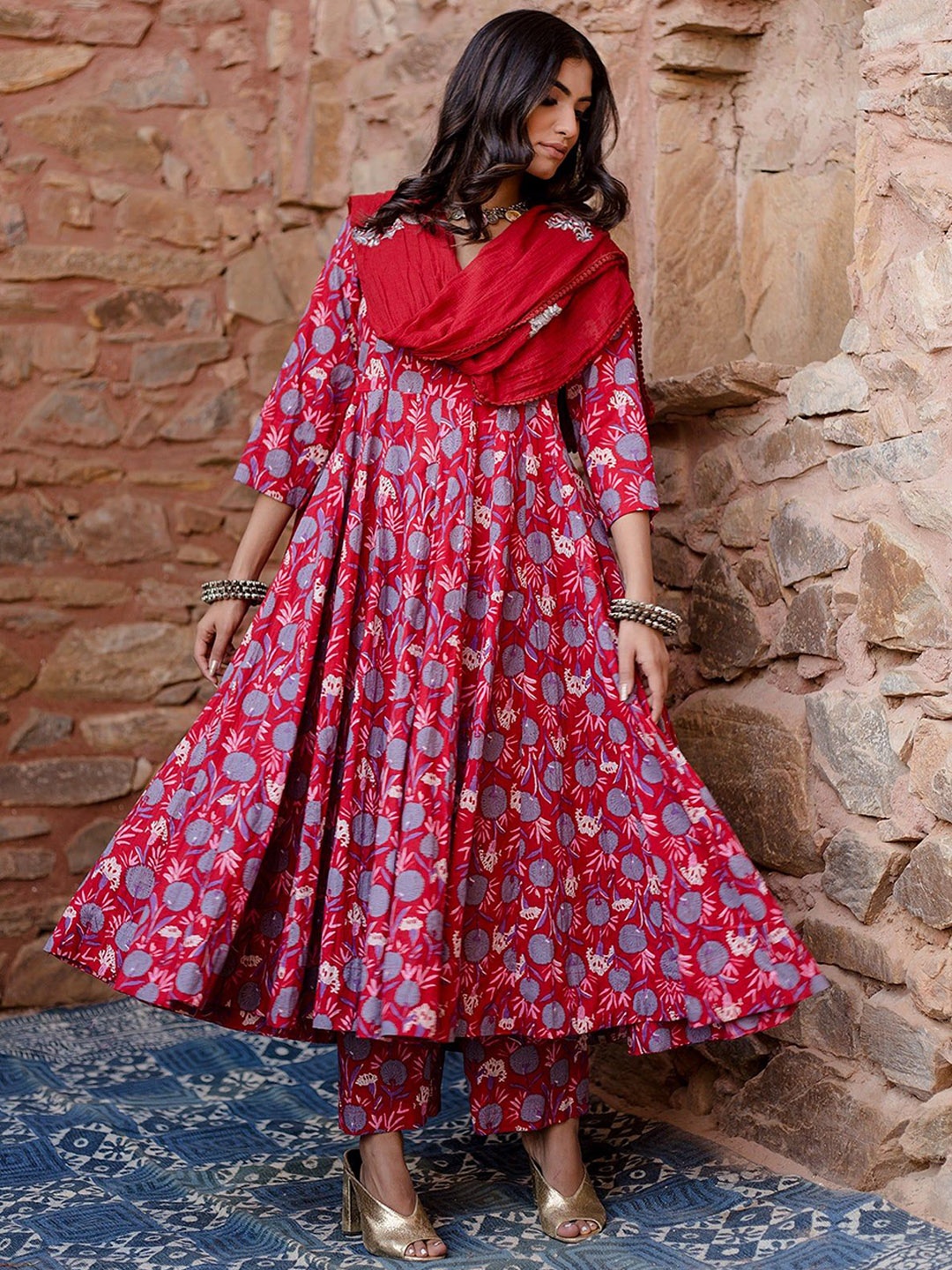 

GulaboJaipur Floral Printed Pure Cotton Anarkali Kurta With Pyjamas & Dupatta, Red