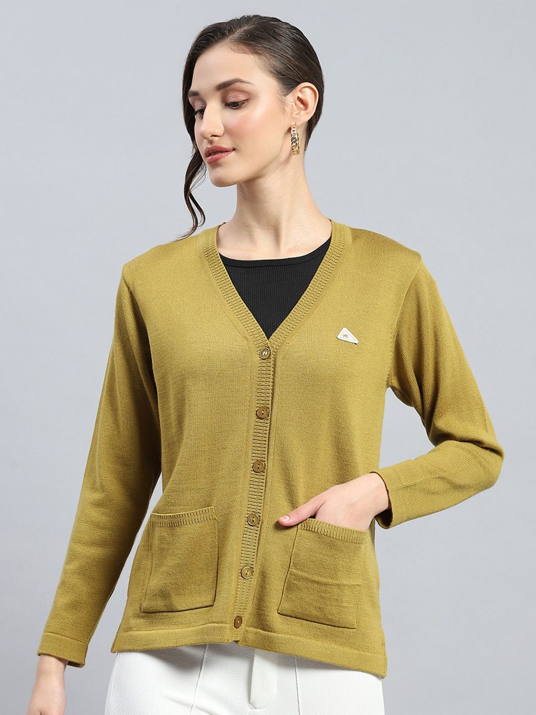 

Monte Carlo Women Woollen Solid V Neck Cardigan, Khaki
