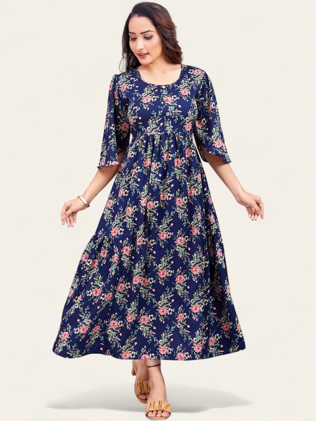 

PAMPER YOURSELF Floral Printed Floral Anarkali Ethnic Dresses, Navy blue