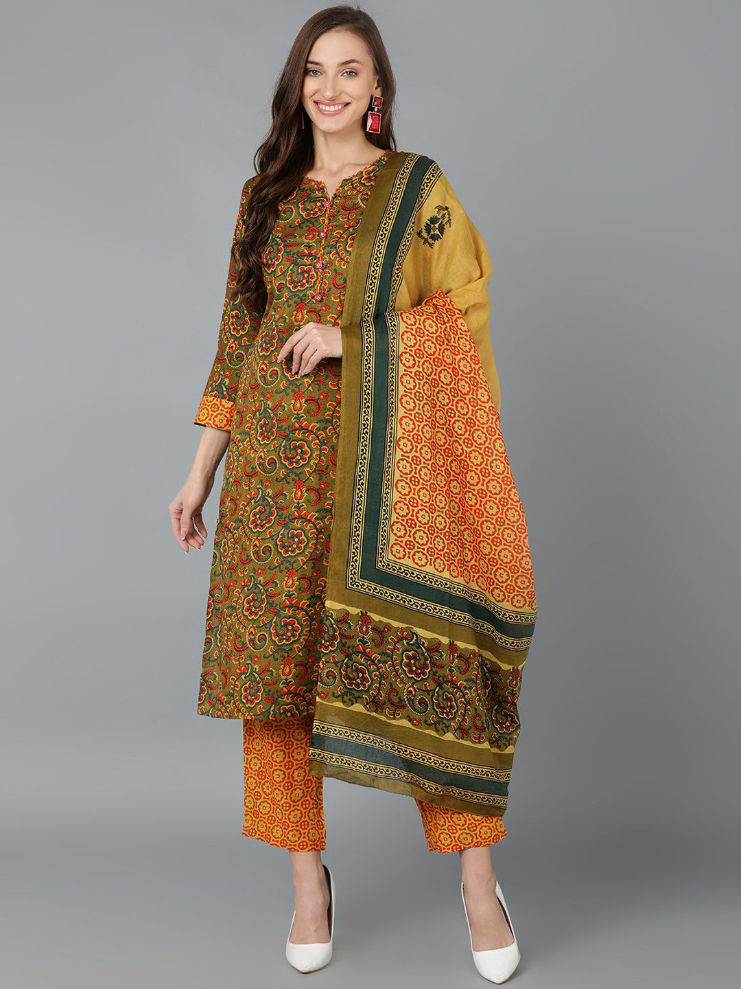 

KALINI Floral Printed Round Neck Pure Cotton Straight Kurta With Trousers & Dupatta, Green