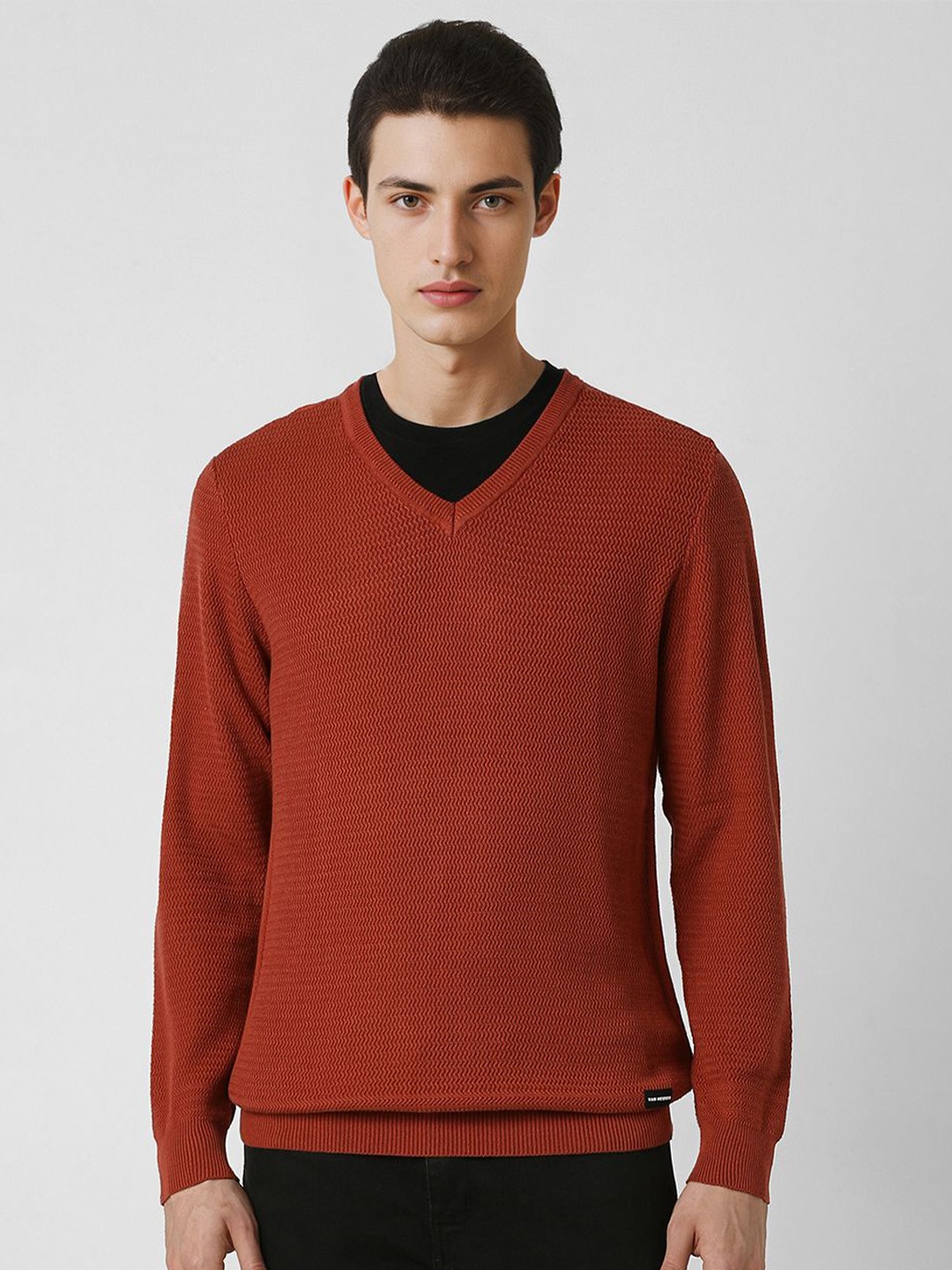 

Van Heusen Sport Men V-Neck Self Designed Pullover Cotton Sweater, Maroon