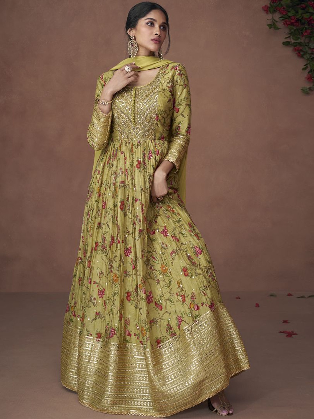 

ASISA Floral Woven Design Sequinned Organza Anarkali Kurta With Dupatta, Green