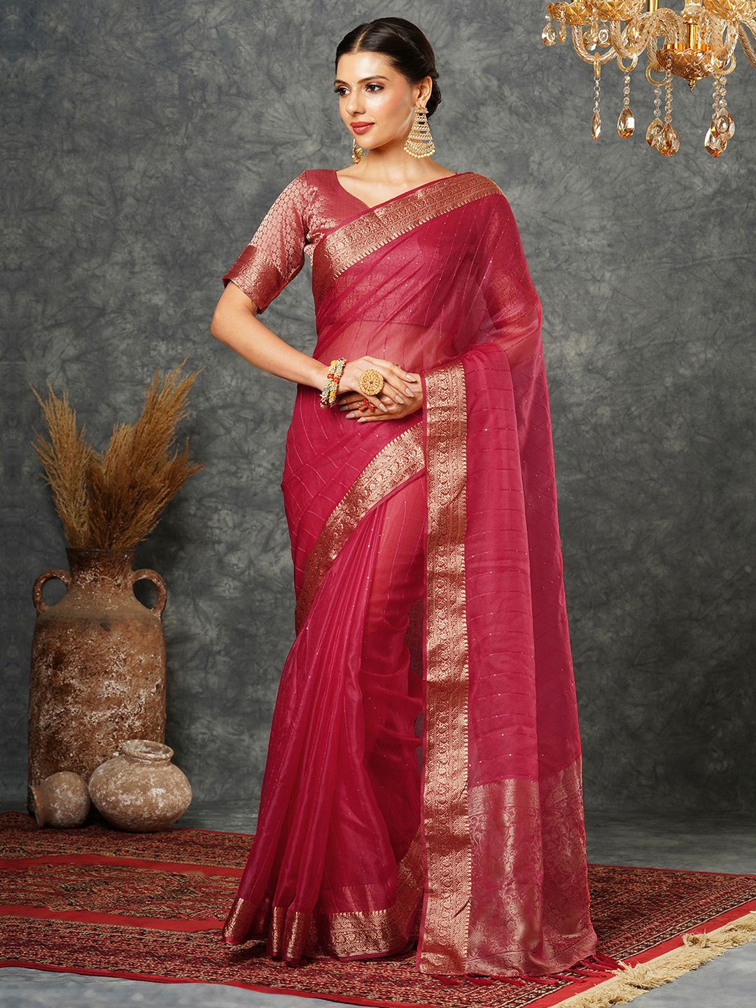 

Mitera Striped Sequinned Organza Banarasi Saree, Pink