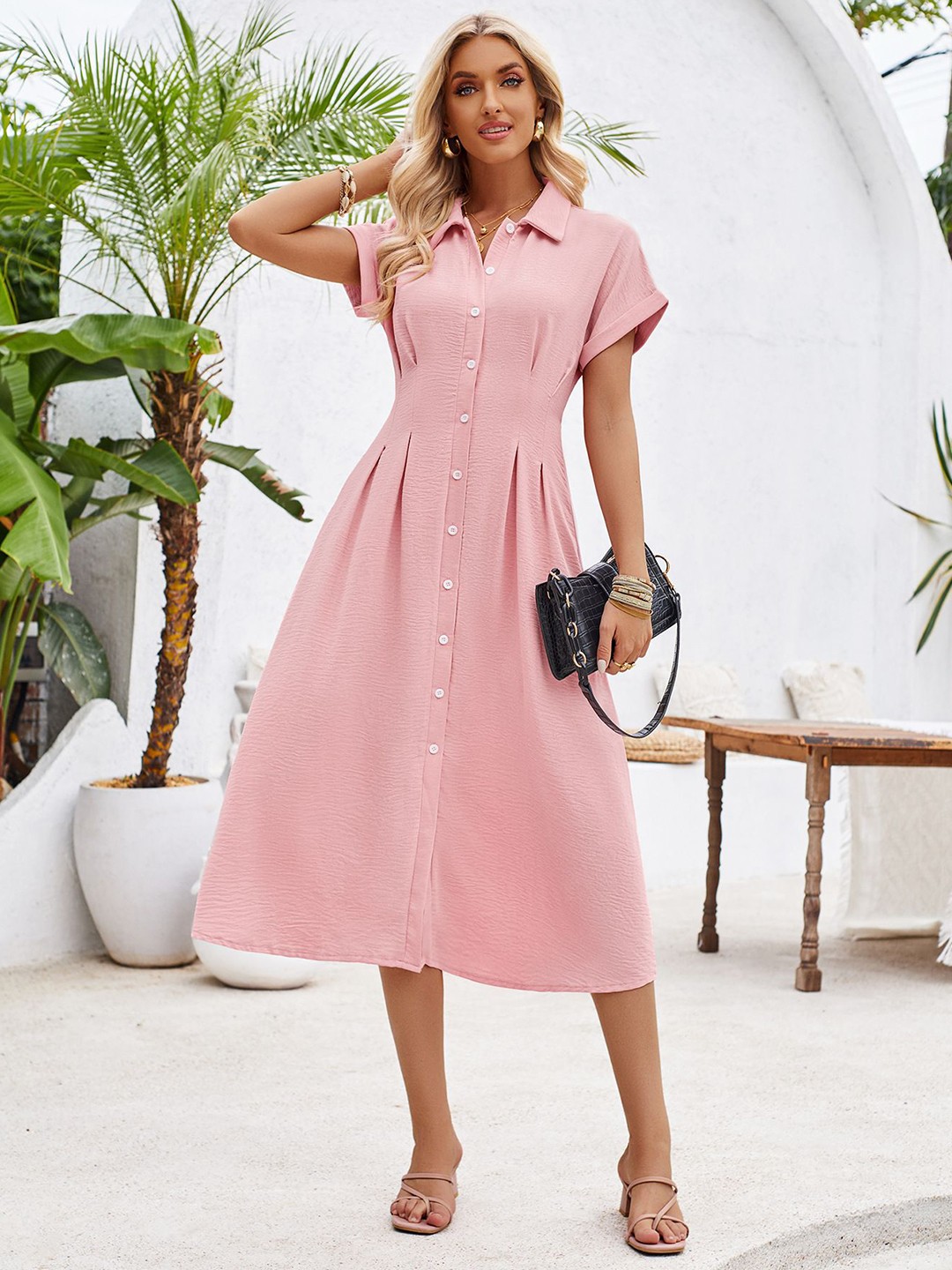 

StyleCast Women Solid Shirt Midi Dress, Pink