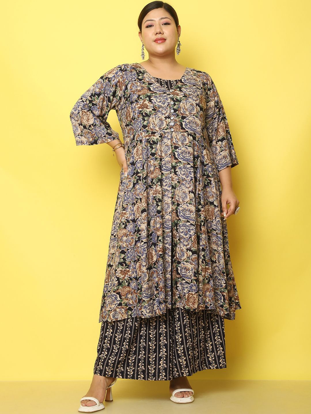 

theRebelinme Printed Kurta With Palazzo & Inner Set, Navy blue