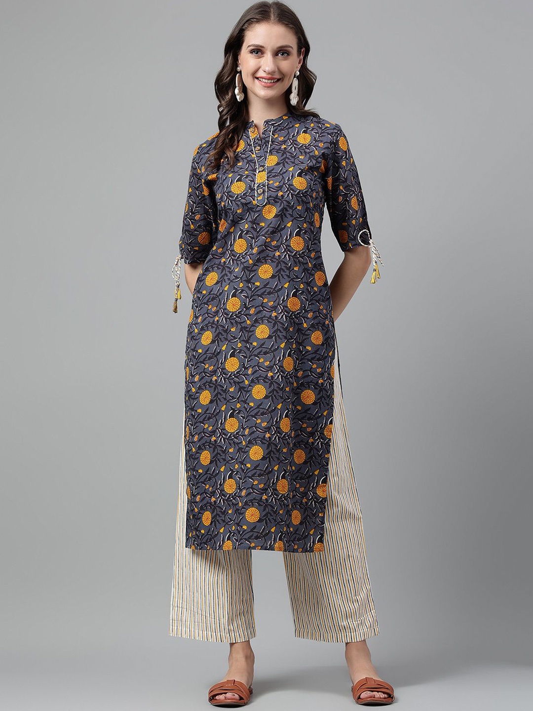 

KALINI Floral Printed Pure Cotton Kurta With Palazzos, Grey