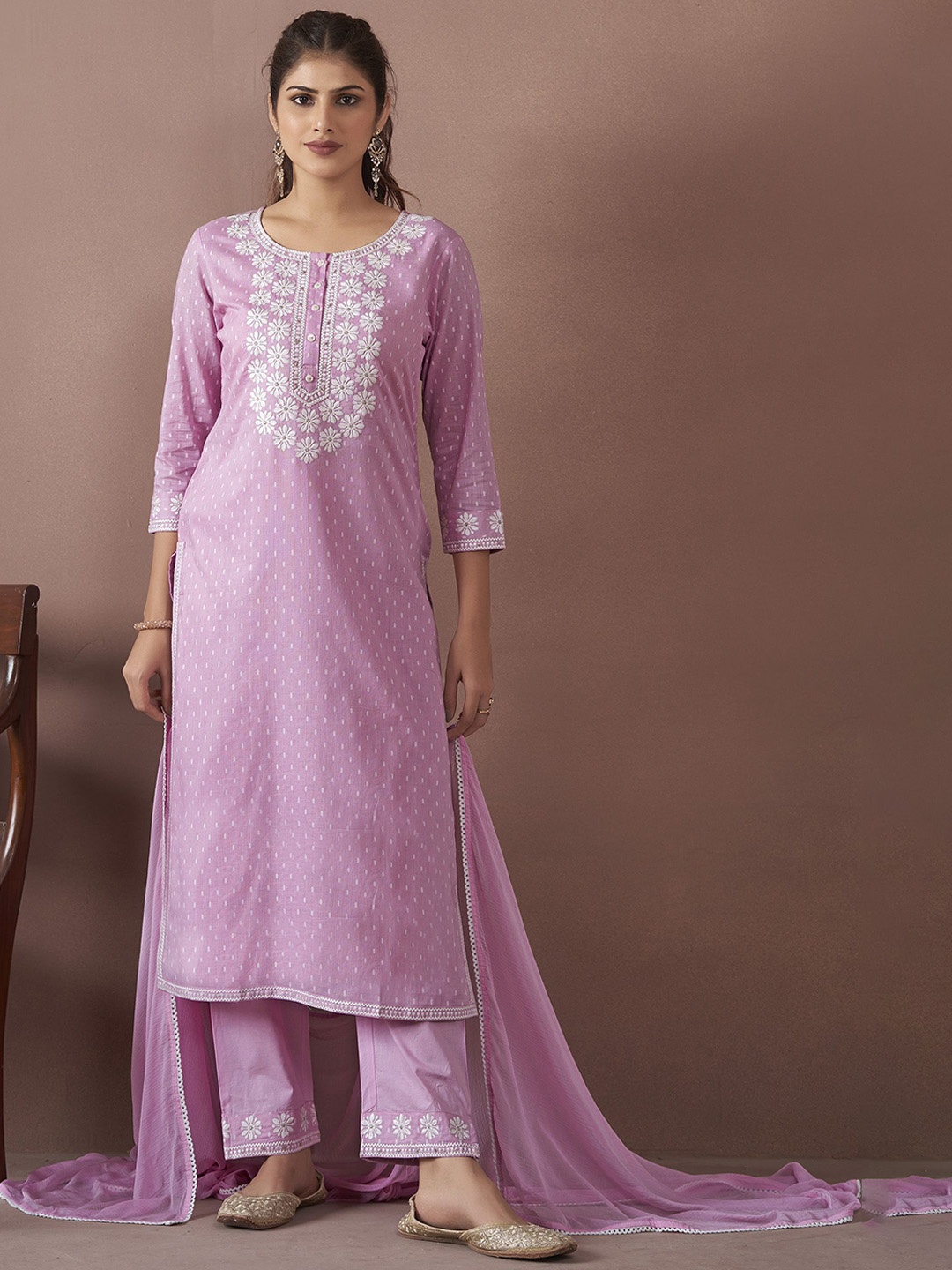 

Anouk Floral Embroidered Thread Work Pure Cotton Straight Kurta With Trousers & Dupatta, Pink