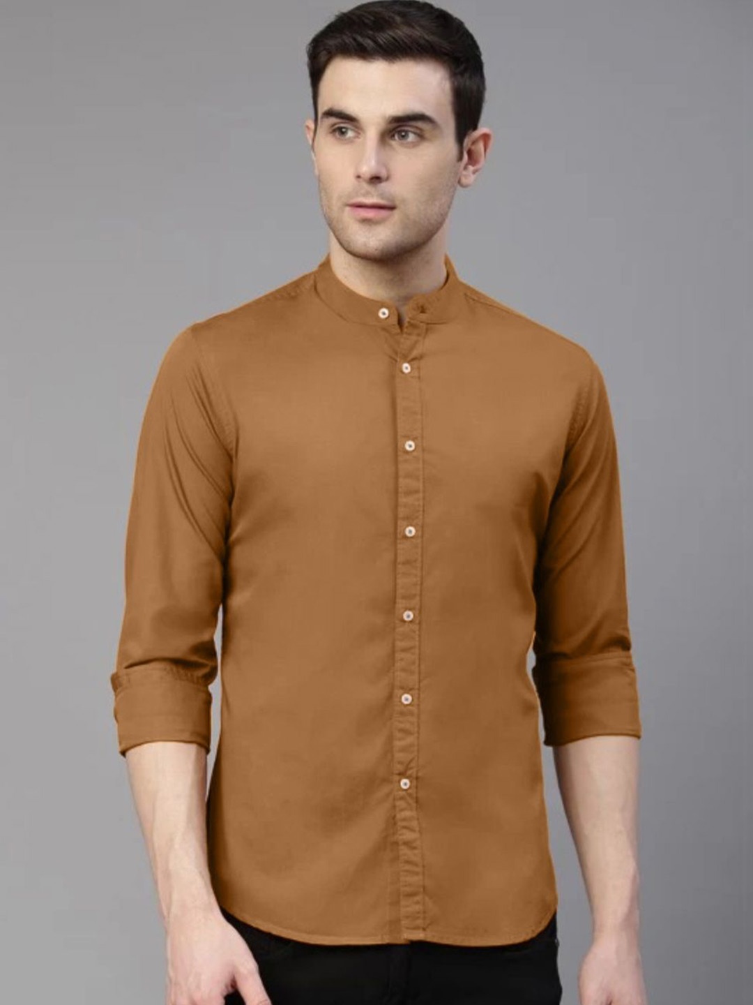 

AIA.FAB Men Comfort Mandarin Collar Solid Cotton Formal Shirt, Brown