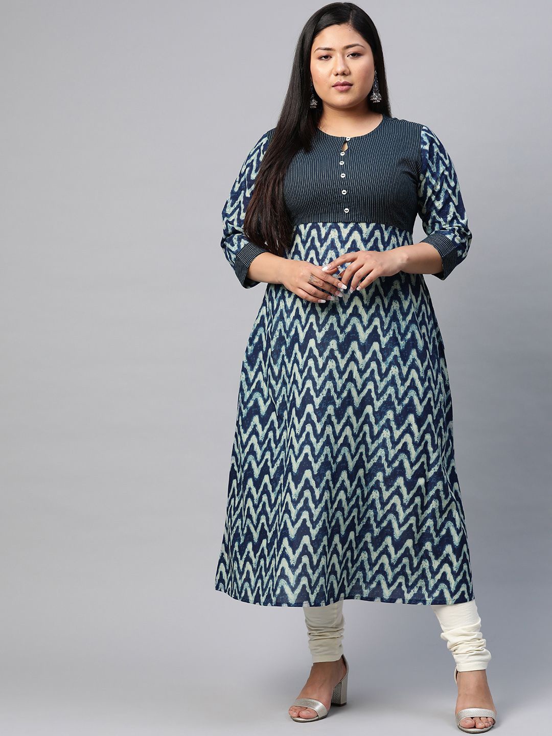 

YASH GALLERY Plus Size Chevron Printed Keyhole Neck Thread Work Cotton A Line Kurta, Blue