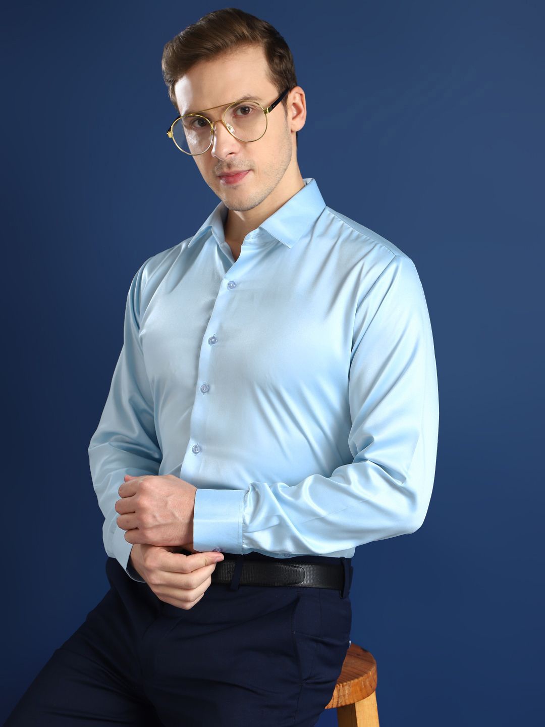 

Hancock Men Spread Collar Solid Slim Fit Party Shirt, Blue