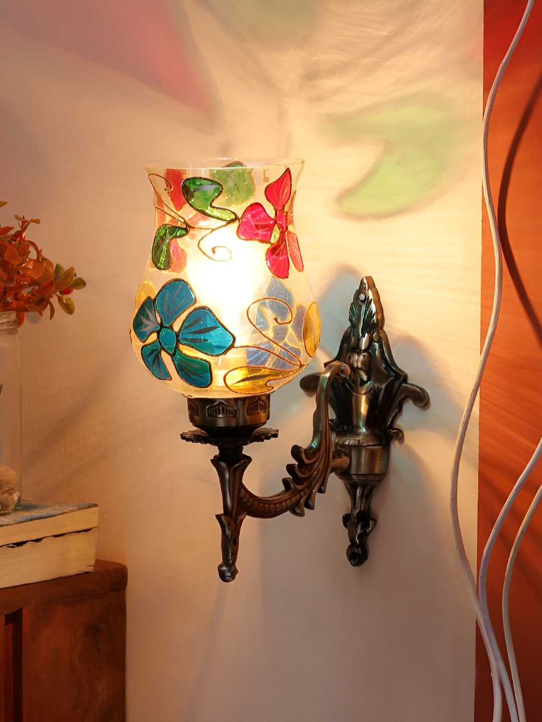 

Devansh Blue & Red Floral Textured Bell Shaped Metal & Glass Wall Lamp