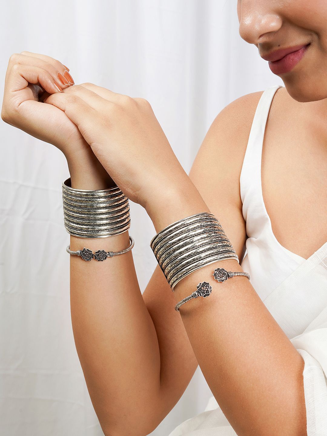 

TEEJH Set Of 4 Oxidised Stacked Cuff Bracelets, Silver