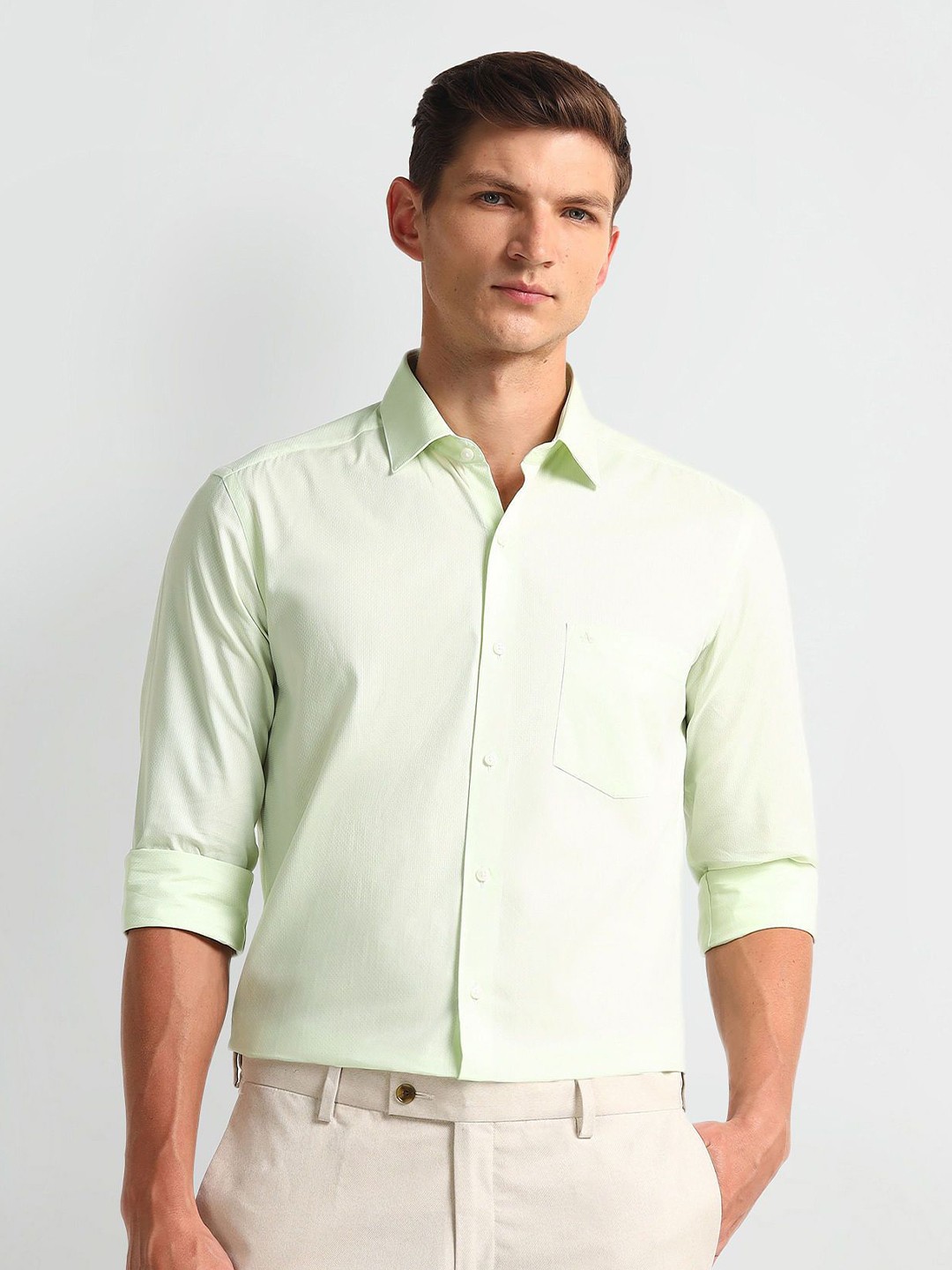 

Arrow Men Modern Spread Collar Solid Cotton Slim Fit Formal Shirt, Green