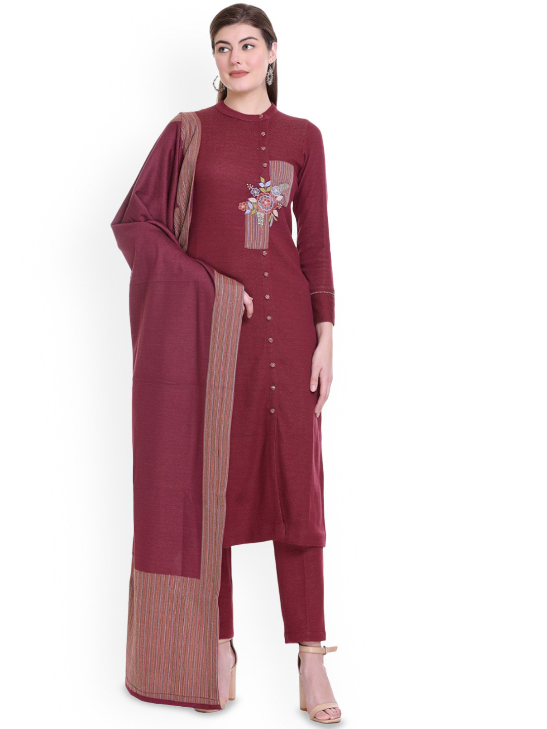 

STADO Floral Embroidered Thread Work Pure Wool Kurta with Trouser & Dupatta, Maroon