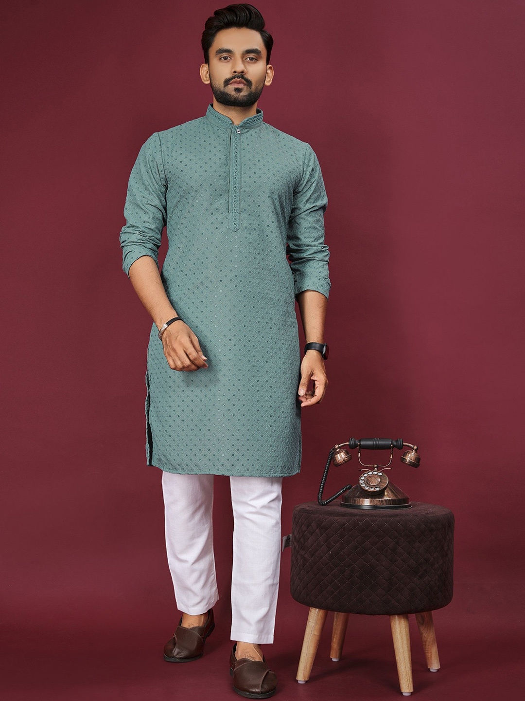 

Anaita Geometric Embroidered Mandarin Collar Sequins Straight Kurta, Blue