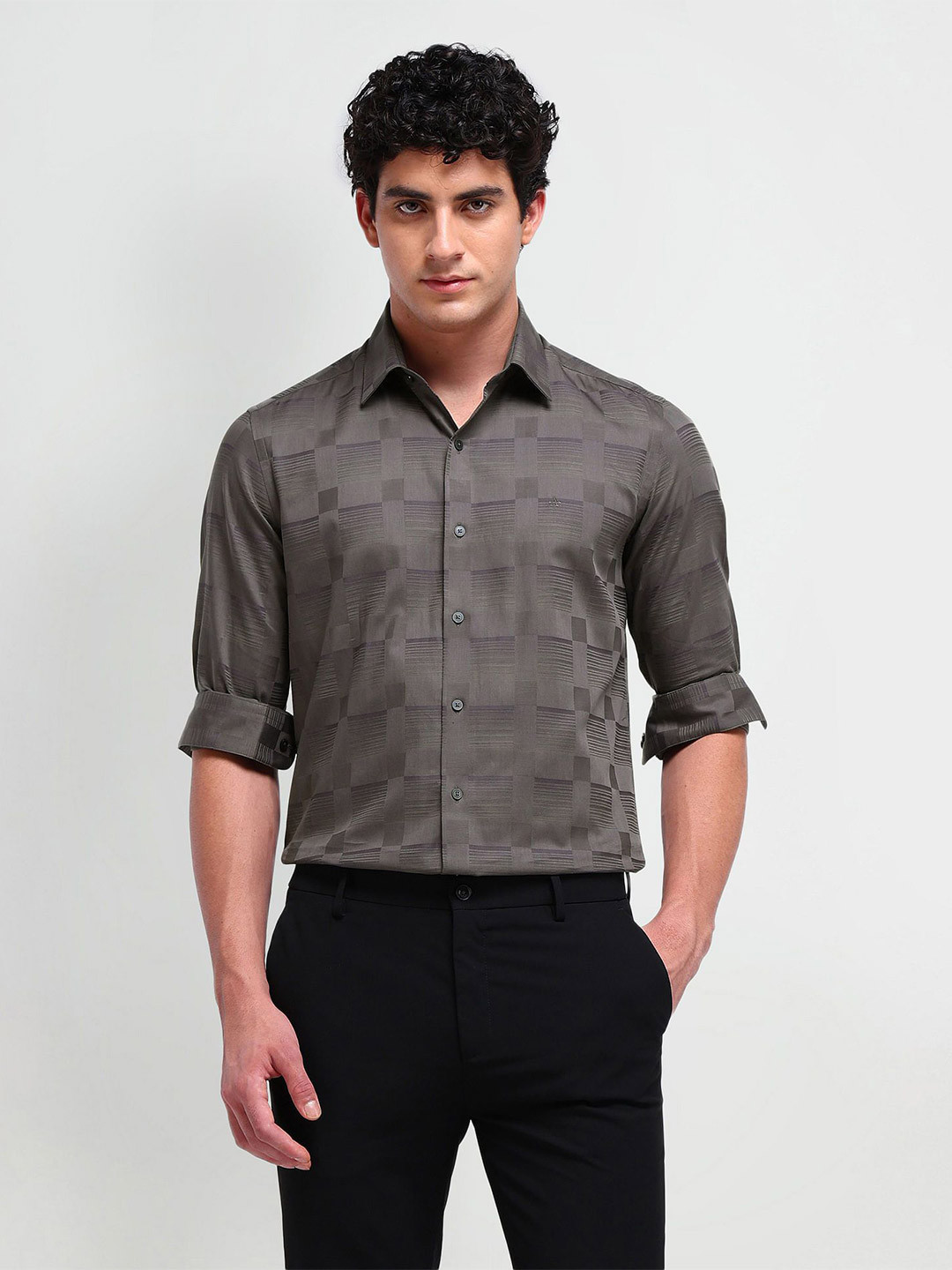 

Arrow New York Men Comfort Spread Collar Textured Cotton Slim Fit Formal Shirt, Brown