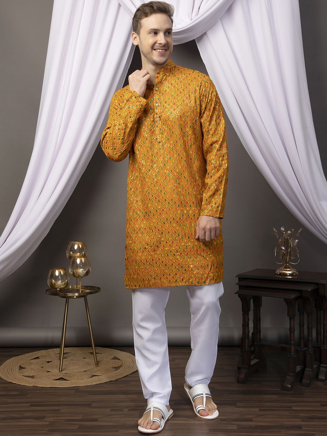 

Hangup Ethnic Motifs Embroidered Straight Sequinned Kurta with Pyjamas, Mustard