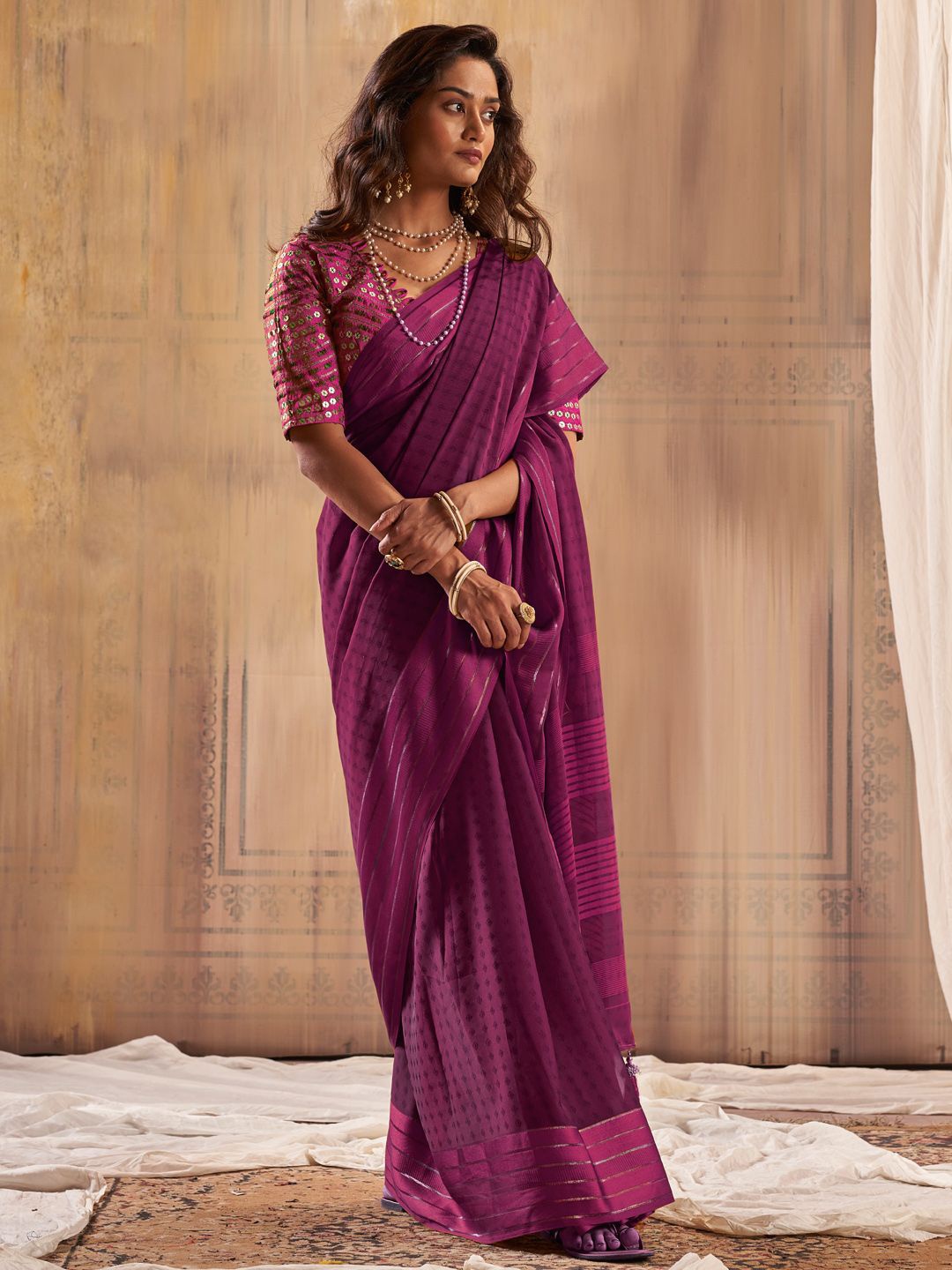 

Panzora Woven Design Poly Georgette Saree, Purple