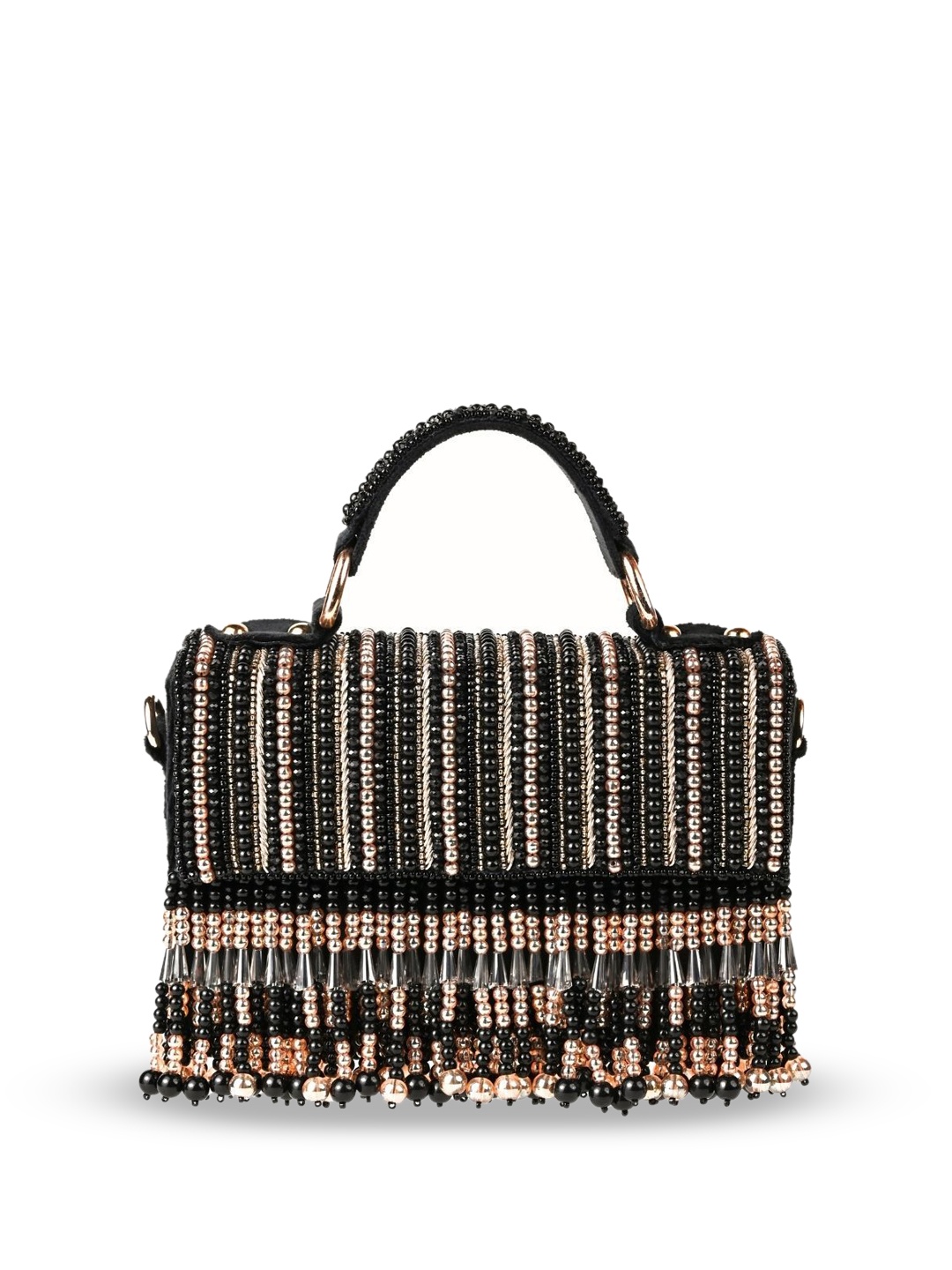 

House of Kosha Women Black Embellished Suede Half Moon Satchel
