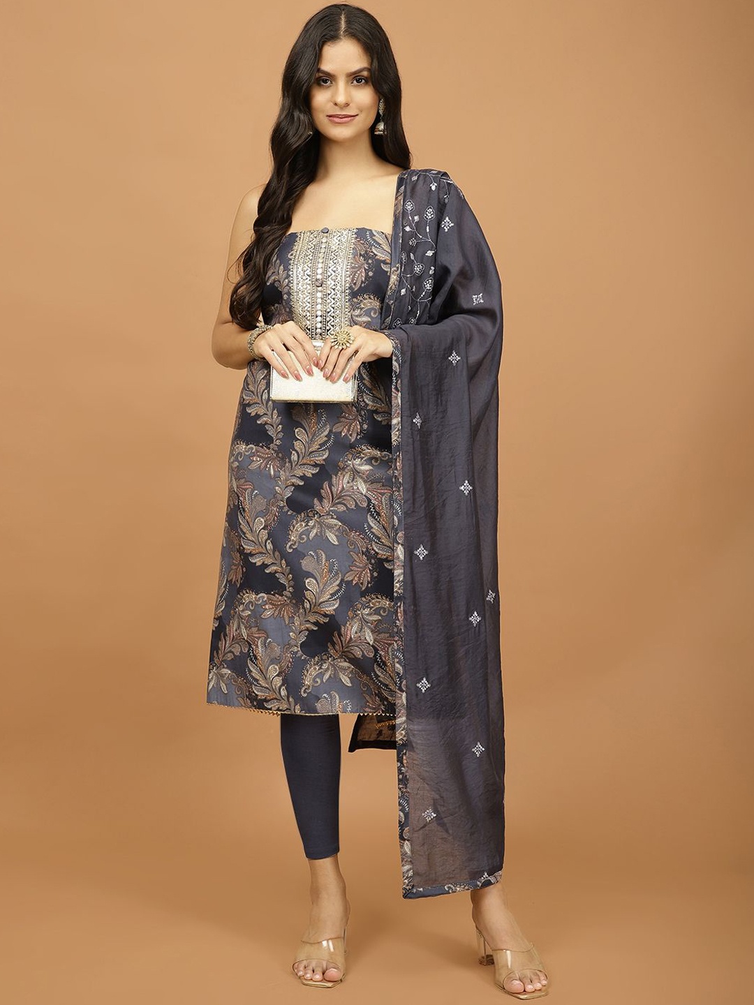 

Meena Bazaar Ethnic Motifs Printed Sequinned Unstitched Dress Material, Grey