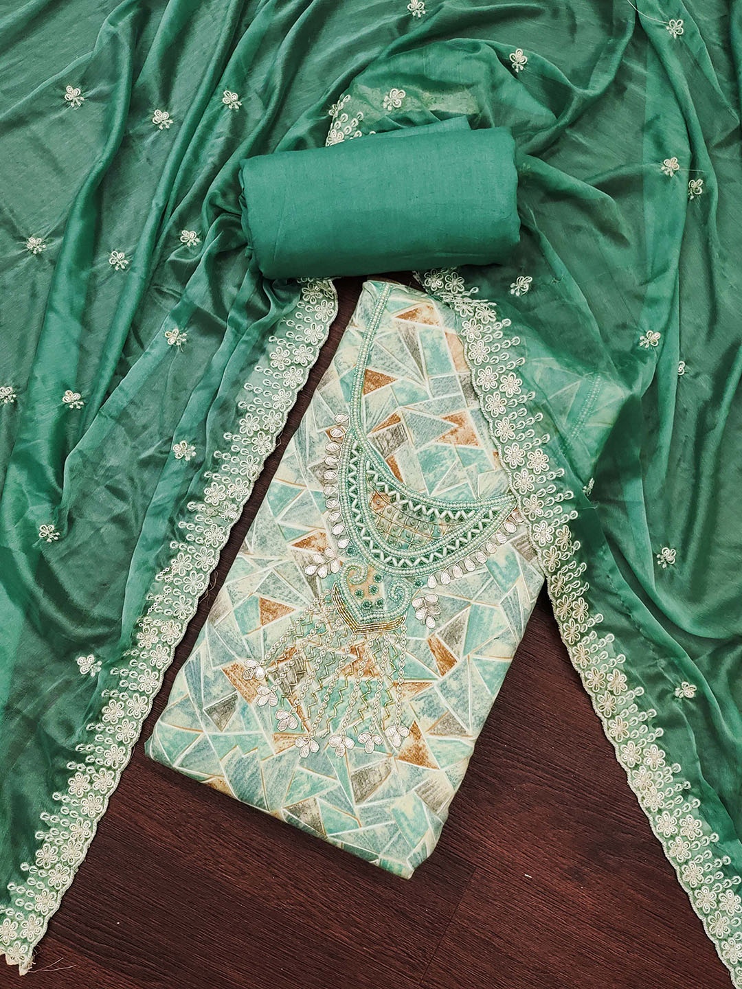 

Ishin Floral Embroidered Beads and Stones Unstitched Dress Material, Green