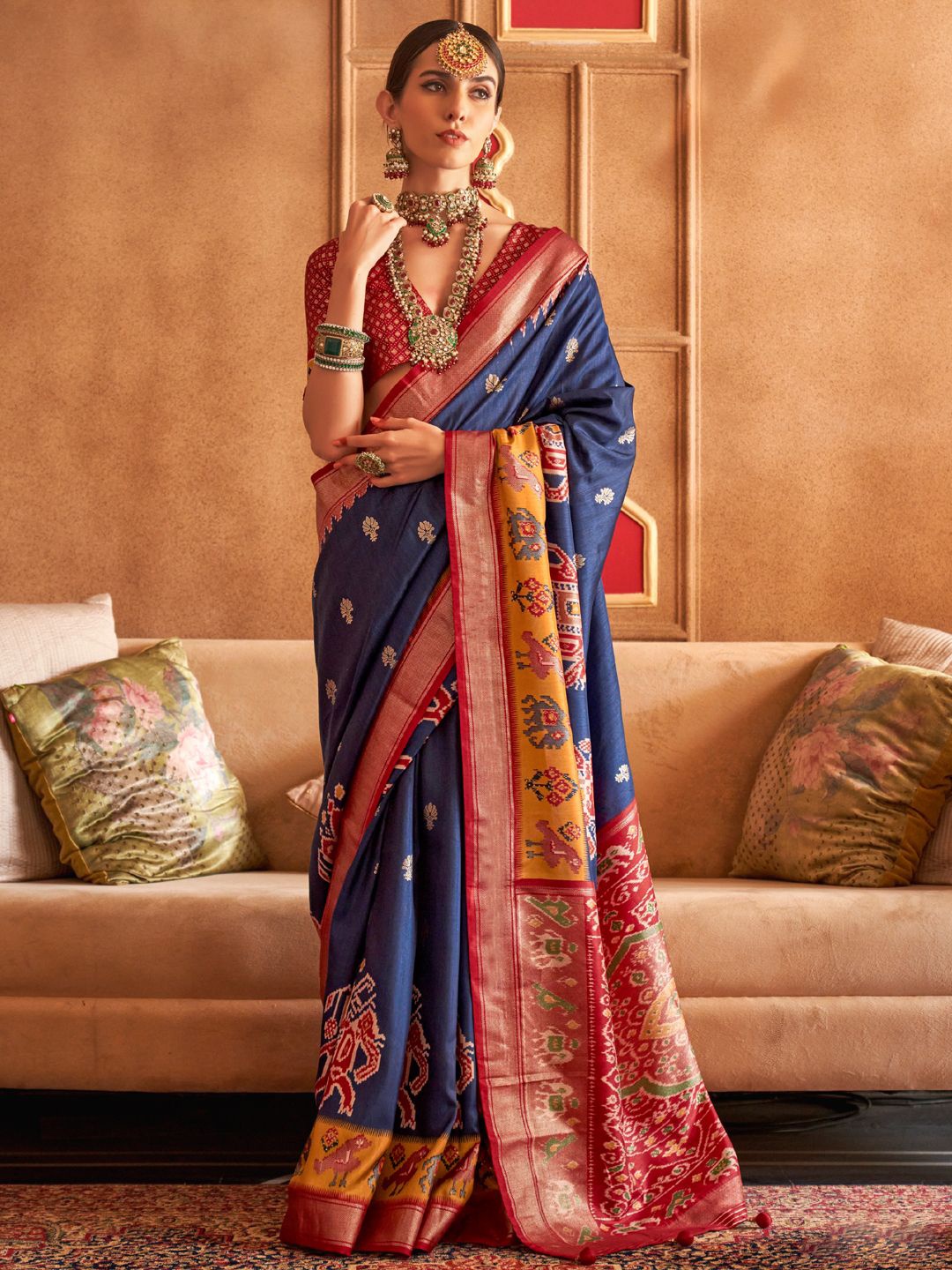 

Mitera Ethnic Motifs Woven Design Zari Patola Saree, Navy blue