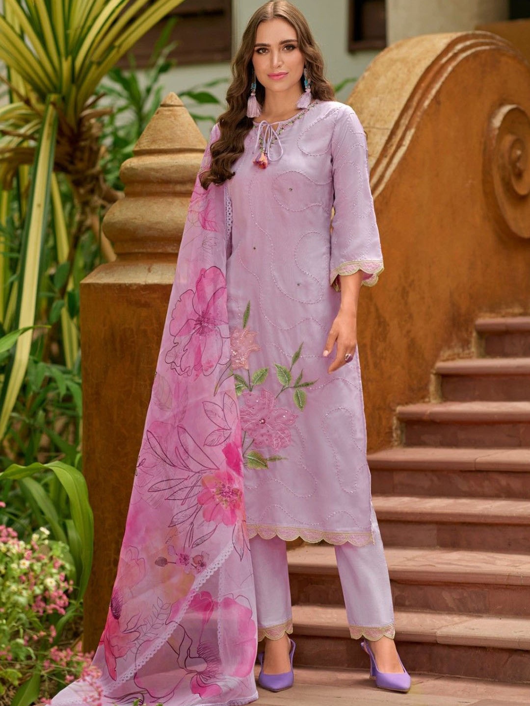 

AUTUMN LANE Floral Printed Thread Work Pure Cotton Straight Kurta With Trousers & Dupatta, Pink
