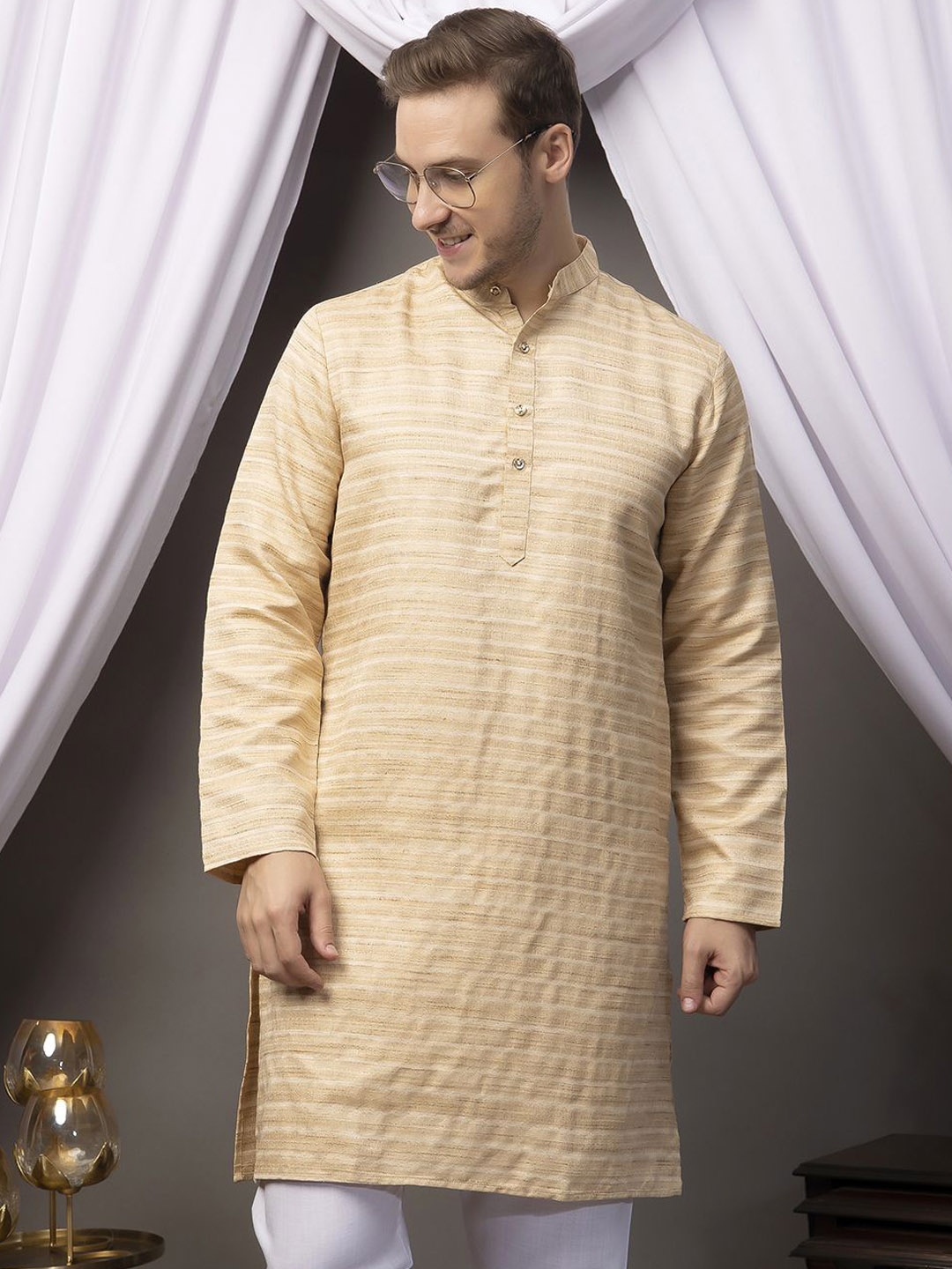 

Hangup Striped Band Collar Straight Khadi Kurta, Beige