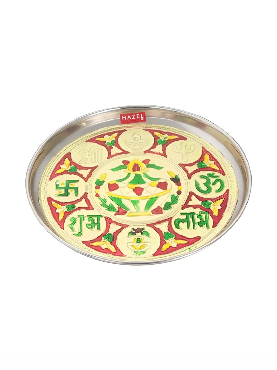 

HAZEL Gold Toned & Green Textured Stainless Steel Shubh Labh Designer Pooja Thali