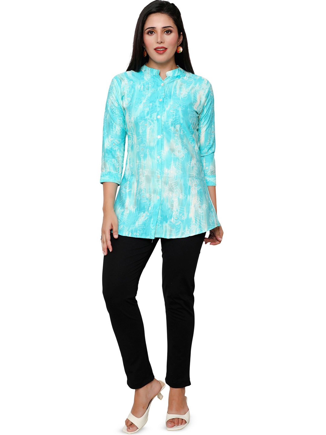 

FESYEN Women Printed Mandarin Collar Pure Cotton Tunic, Turquoise blue