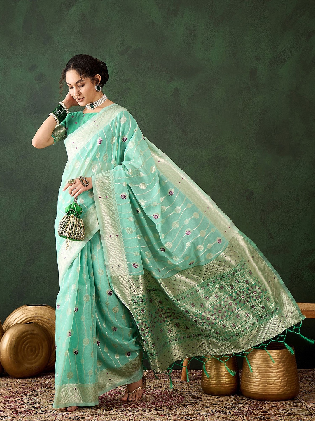 

Sangria Woven Design Banarasi Saree With Blouse Piece, Sea green
