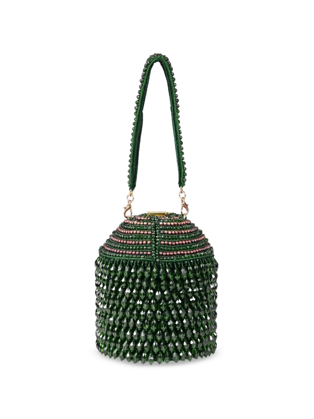 

House of Kosha Women Embellished Suede Bucket Handheld Bag, Green