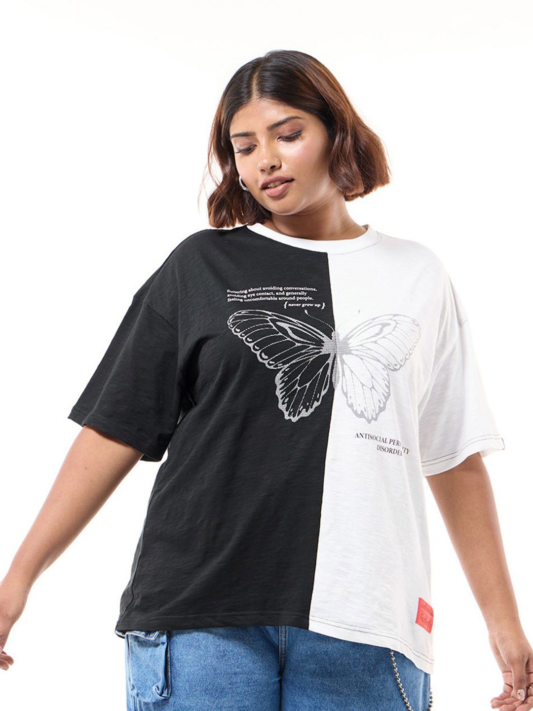 

Bewakoof Air 1.0 Women Black & White Anti Social Butterfly Graphic Printed Oversized Plus Size T-shirt