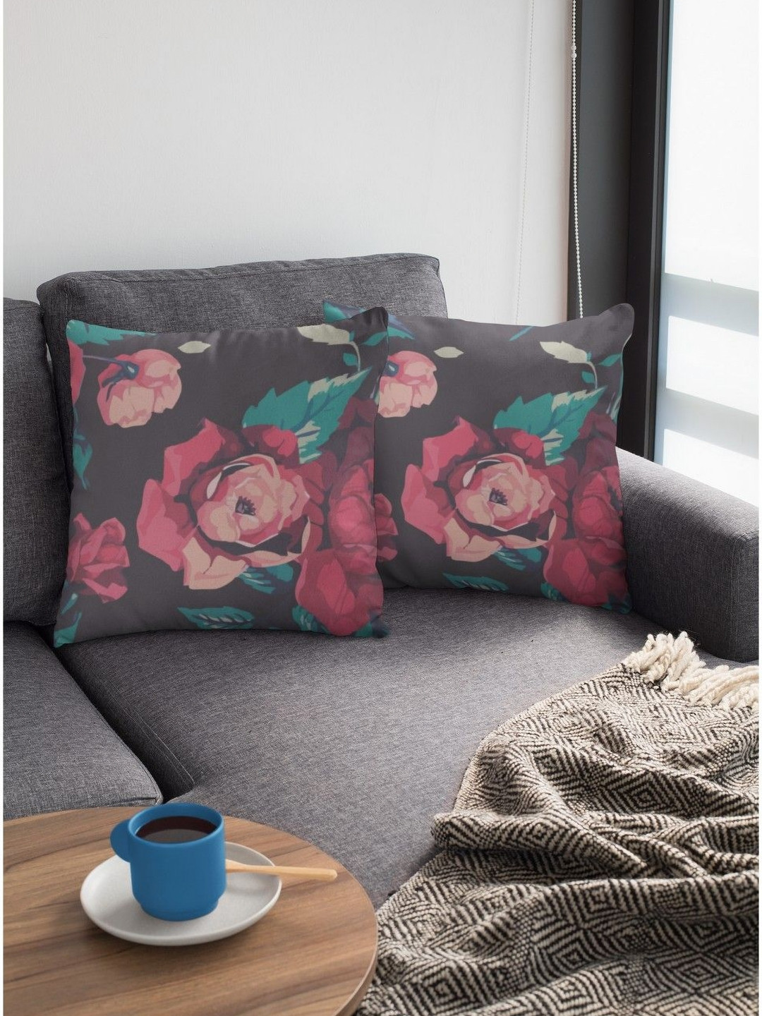 

THEYAYACAFE Grey & Pink 2 Pieces Floral Printed Velvet Square Cushion Covers