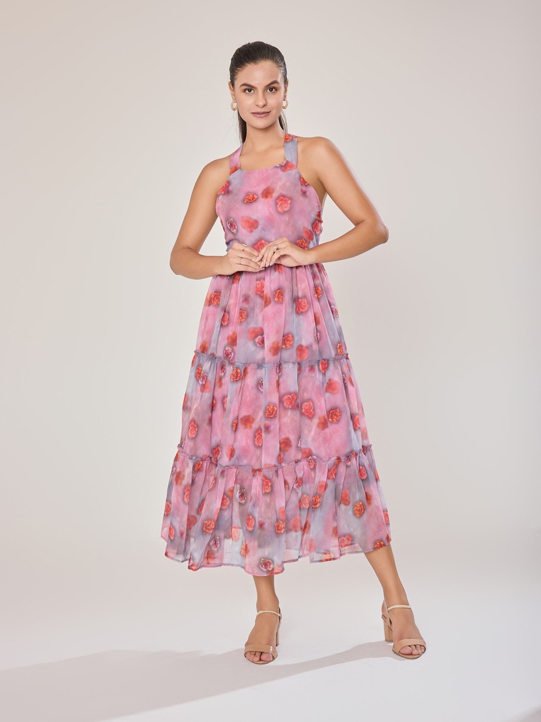 

Urban Sundari Floral Printed Georgette Fit & Flare Midi Dress, Pink