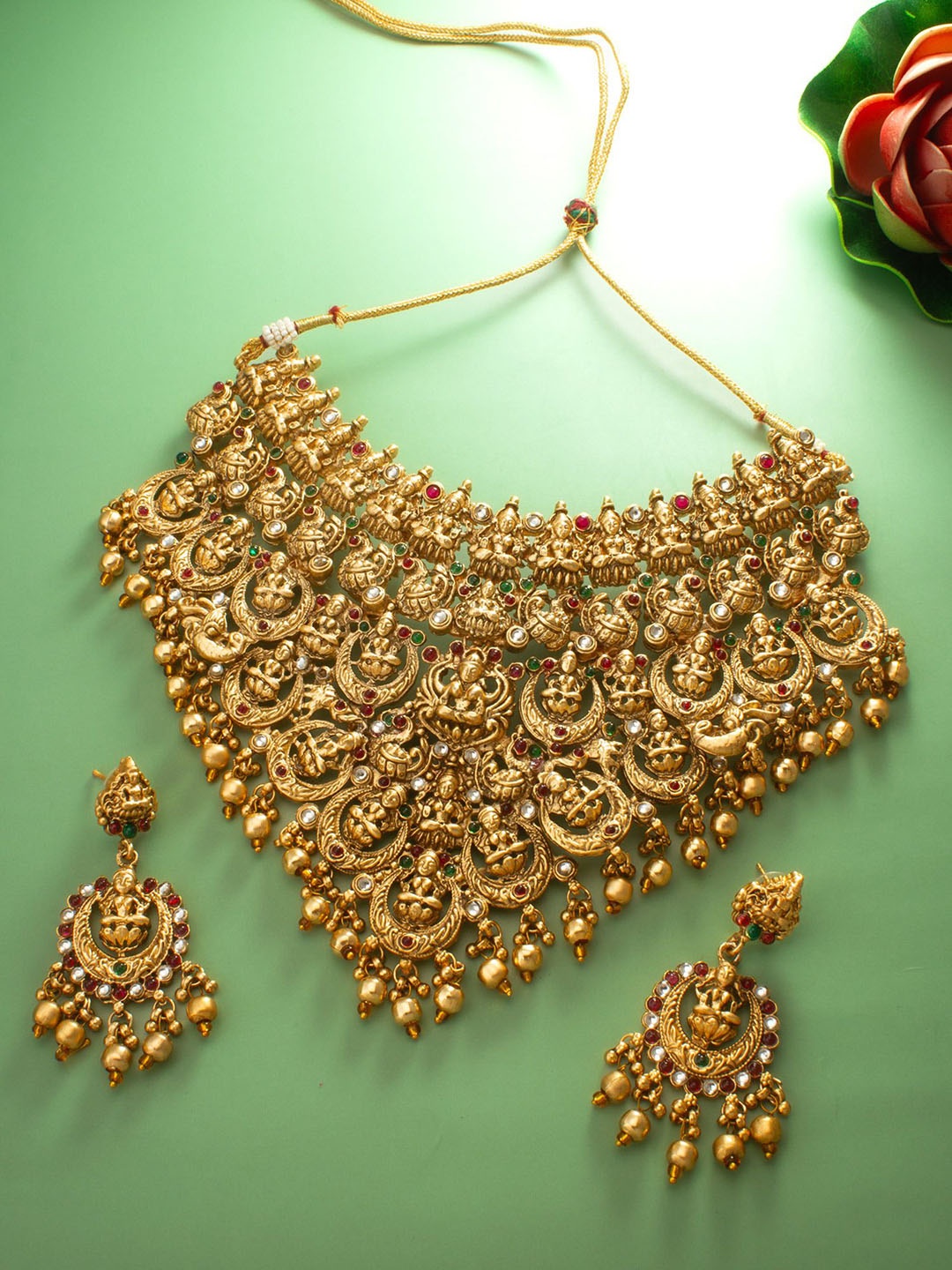 

aadita Stone Studded & Beaded Temple Necklace and Earrings, Gold