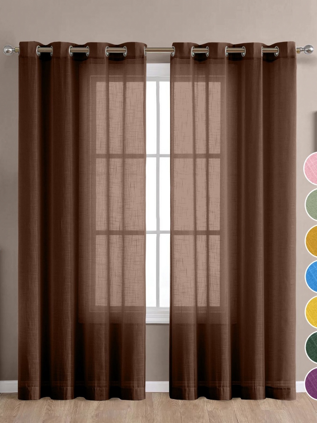 

THE LINEN COMPANY Brown 2 Pieces Cotton Sheer Window Curtains
