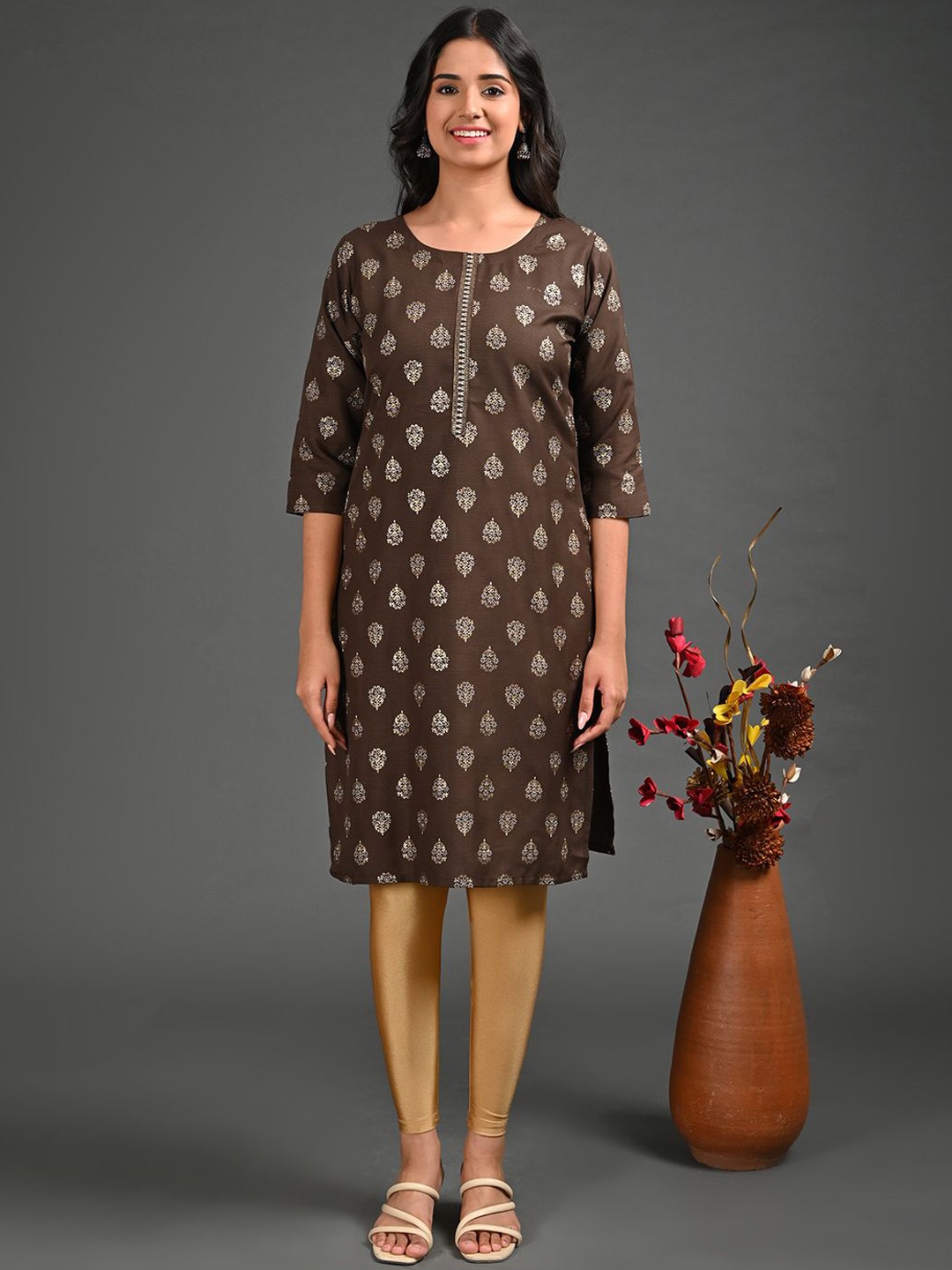 

GOLDSTROMS Ethnic Motifs Woven Design Round Neck Straight Kurta, Coffee brown