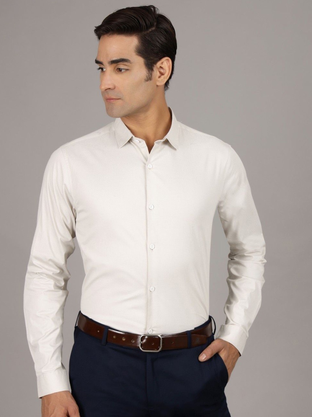 

Gavin Paris Men Original Spread Collar Textured Cotton Semiformal Shirt, Off white