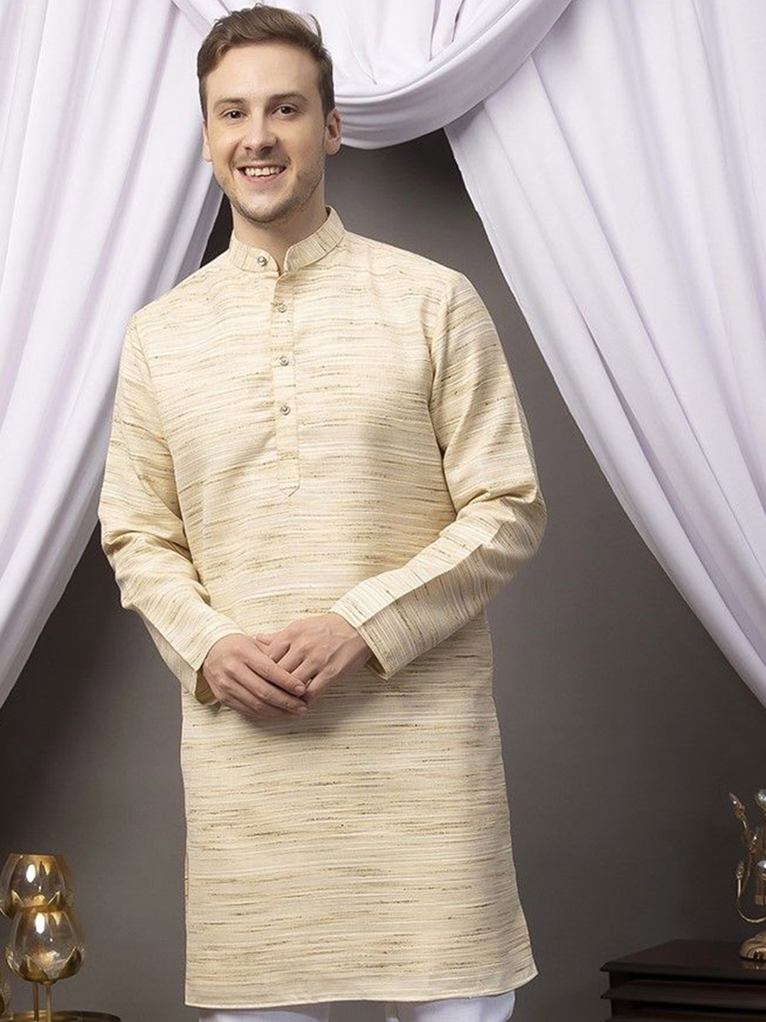 

Hangup Band Collar Straight Khadi Kurta, Beige