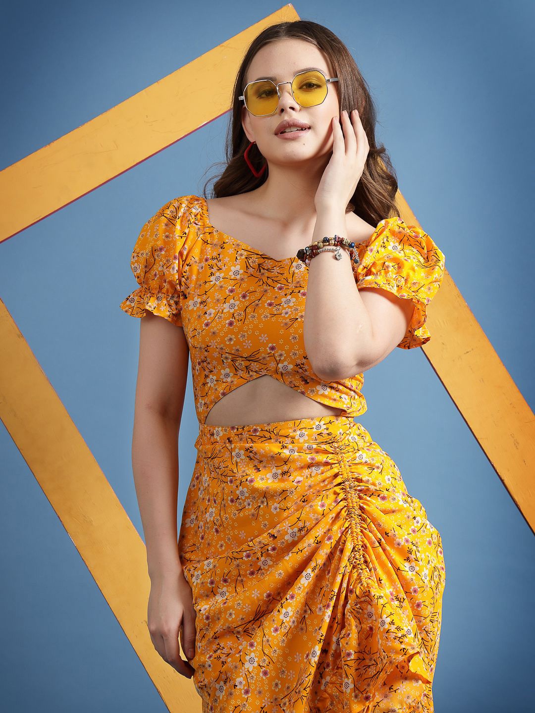 

BEING NAUGHTY Floral Printed Puff Sleeve Sheath Midi Dress, Yellow