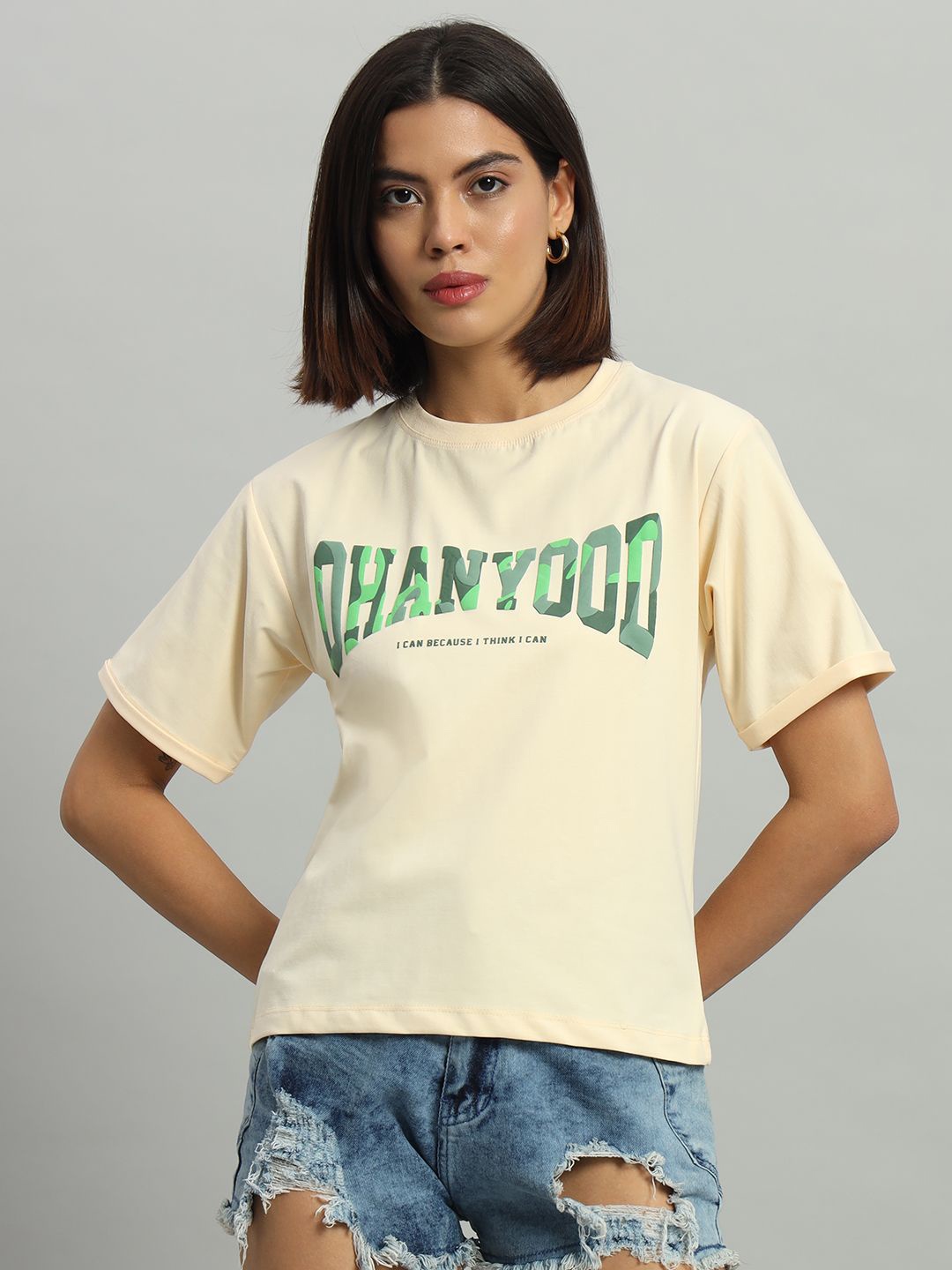 

AECK Women Typography Printed Round Neck Cotton Relaxed Fit T-shirt, Beige