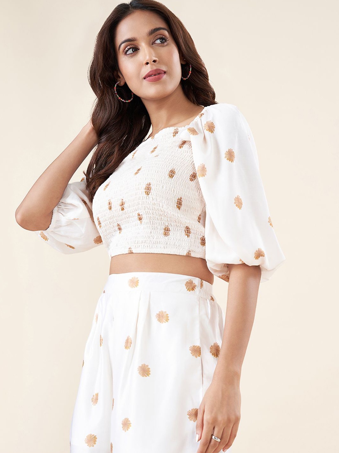 

AKKRITI BY PANTALOONS Print Puff Sleeve Crop Top, White