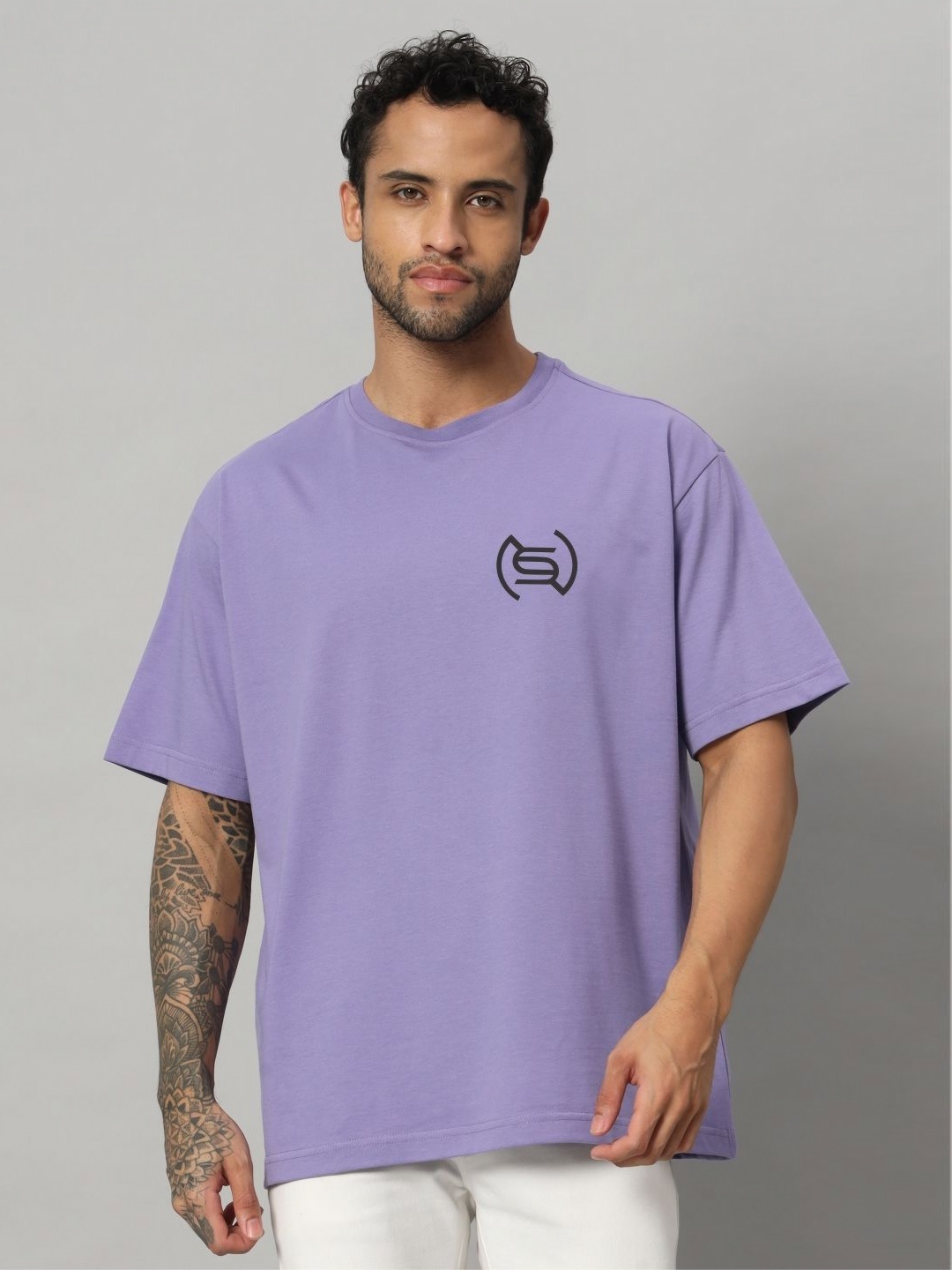 

SWAGNOX Men Typography Printed Round Neck Cotton Oversized T-shirt, Purple